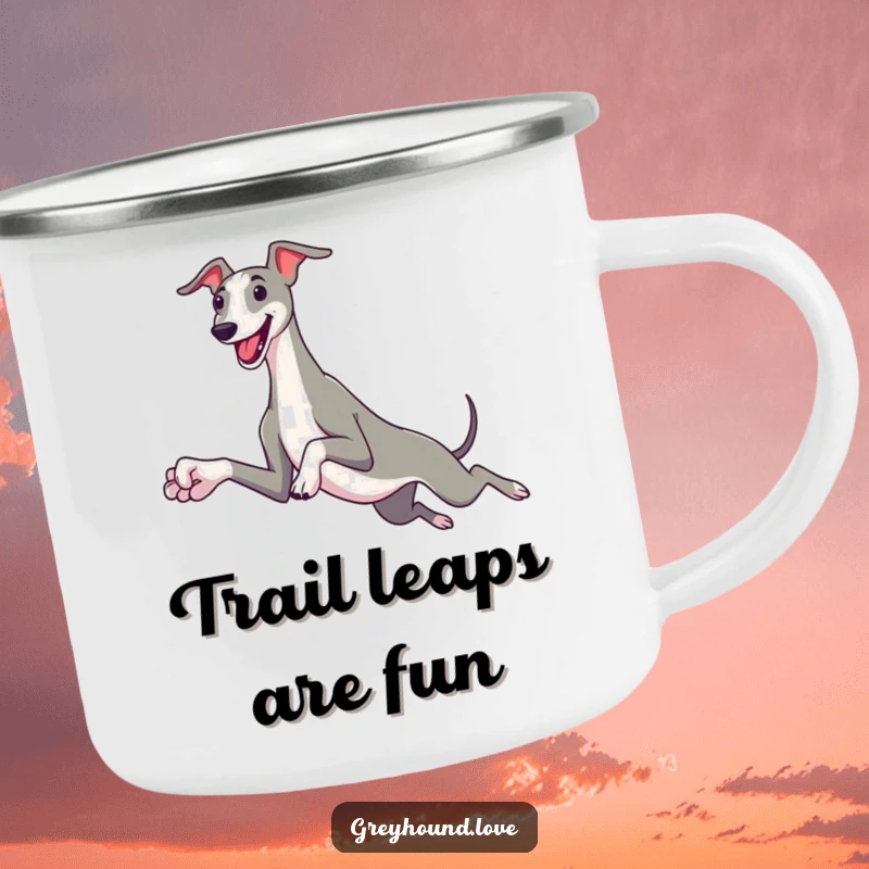 Funny greyhound camping mug with a sleek dog and oversized paws leaping joyfully, perfect for enjoying drinks outdoors with cheer.