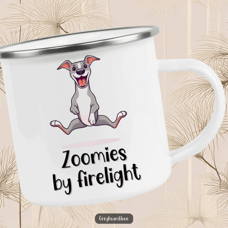 Funny Greyhound Camping Mug showing a greyhound doing a happy zoomie, legs splayed, ready for outdoor adventures and warm drinks.