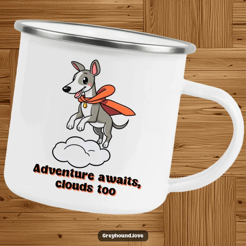 Funny camping mug showing a greyhound in a cape leaping heroically from a cloud, ready for any outdoor adventure.