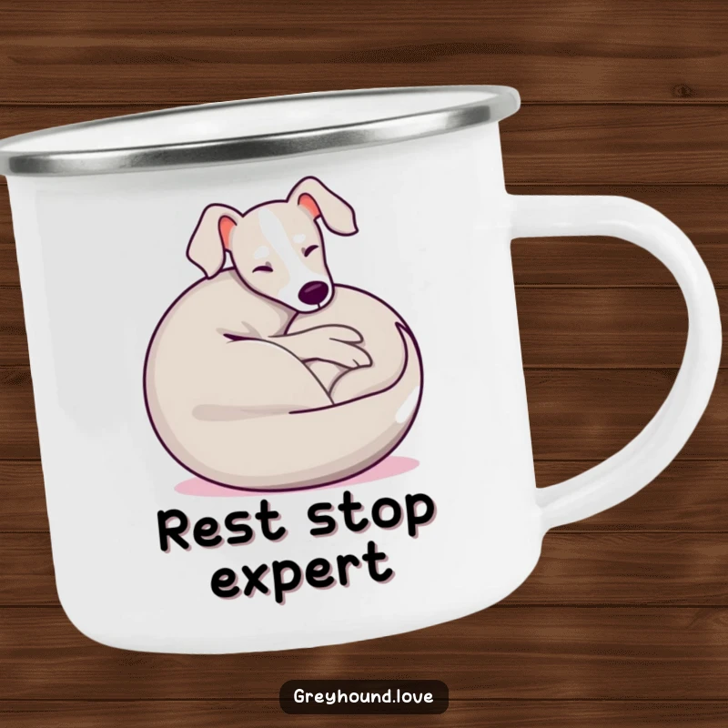 Funny Greyhound Camping Mug showing a playful dog curled into a happy, relaxed ball, ready for outdoor enjoyment.