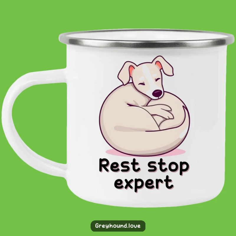 Funny Greyhound Camping Mug: Relaxed Dog Ball Design, Outdoor Gift