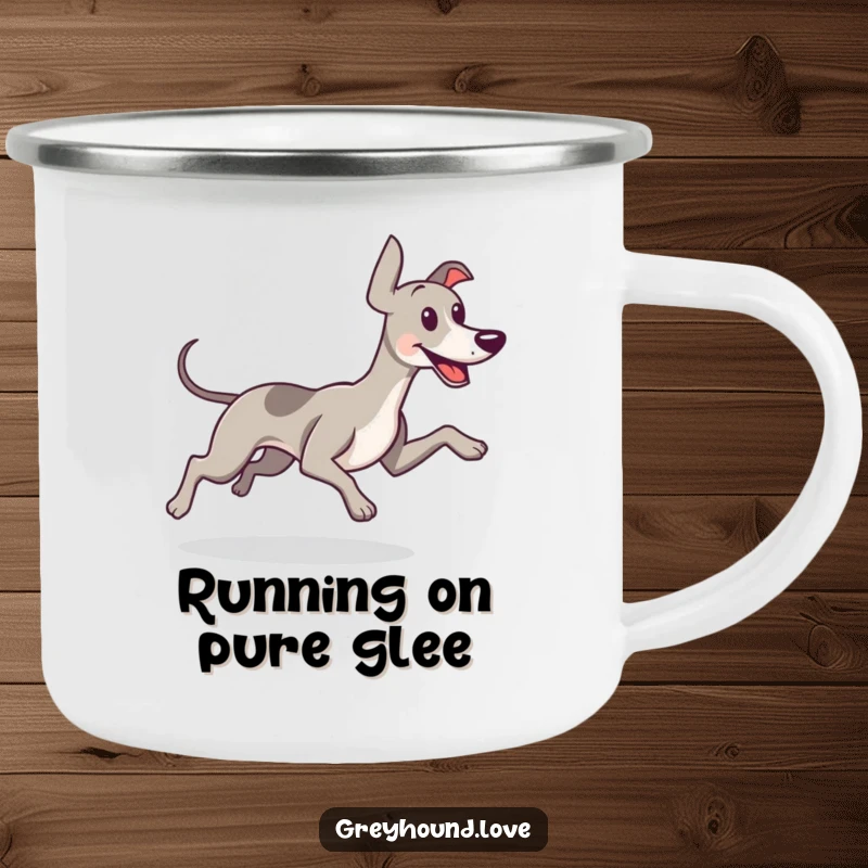 Funny camping mug showing a greyhound running energetically, its tail wagging with pure happiness, ideal for outdoor trips.