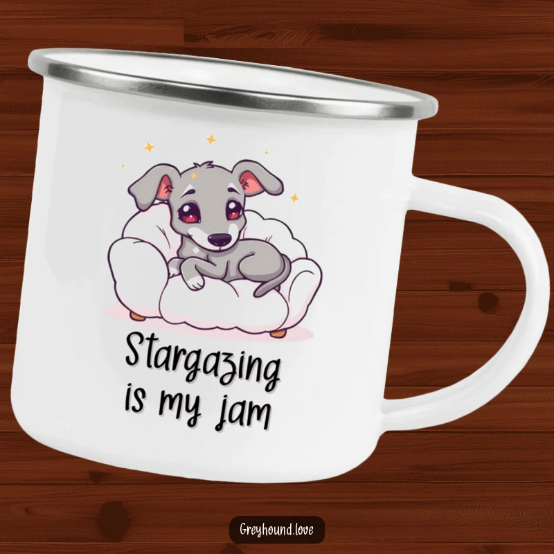 Funny camping mug showing a greyhound with starry eyes relaxing on a cloud, perfect for peaceful outdoor moments.