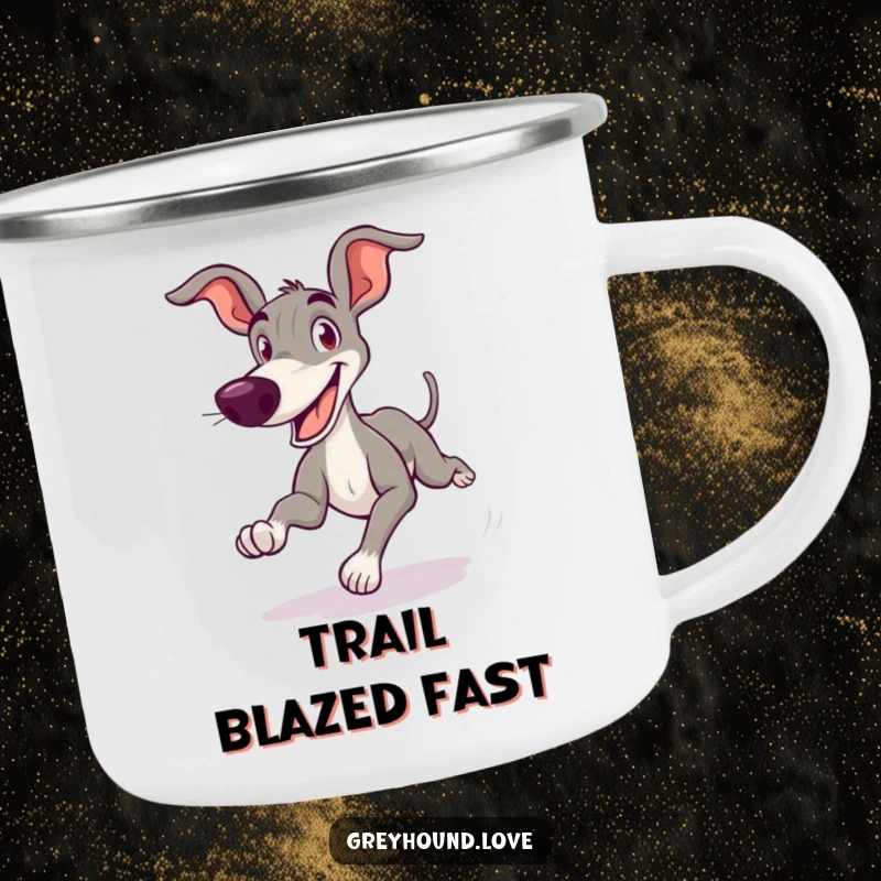 Funny Greyhound Camping Mug showing a cartoonish greyhound zooming with a silly, goofy grin, perfect for outdoor enjoyment.