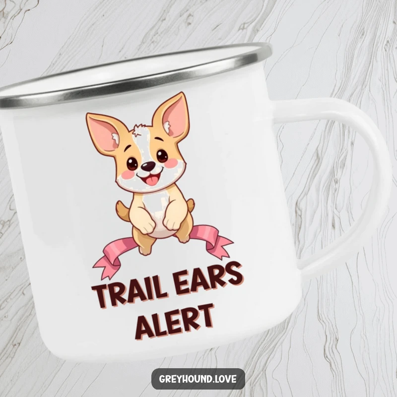 Funny Dog Camping Mug: Happy oversized ear dog character leaping over a ribbon, ready for outdoor fun and laughter.