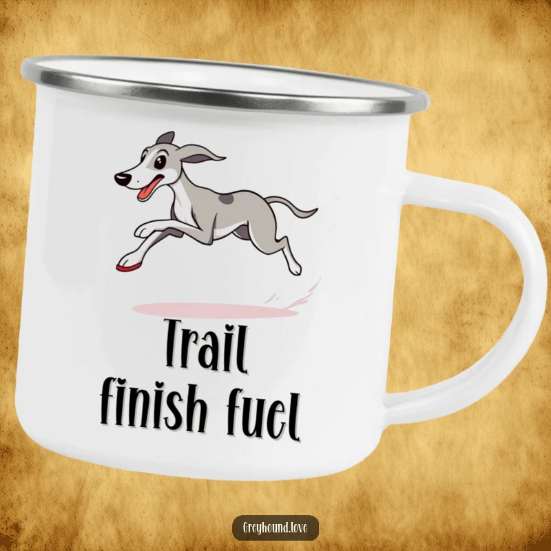 Funny Greyhound Camping Mug featuring a determined dog in running shoes, zooming past a checkered flag, ideal for your next humorous outdoor trip.