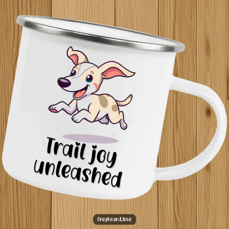 Funny durable camping mug showcasing a swift greyhound dashing with ears flying and a happy expression, perfect for outdoor fun.