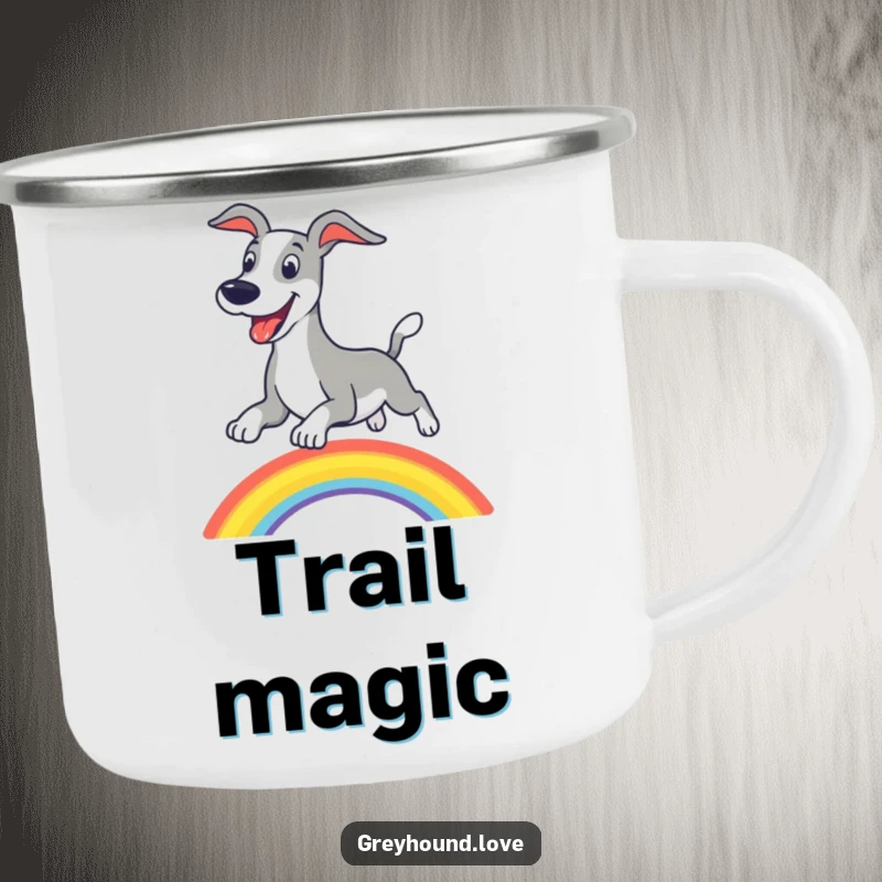 Funny greyhound rainbow camping mug, sturdy and ready for adventure, featuring a happy dog jumping over colors.