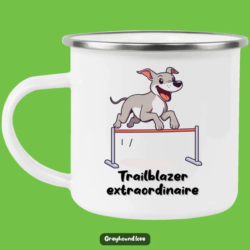 Funny Greyhound Camping Mug: Outdoor Adventures with a Joyous Leaping Dog
