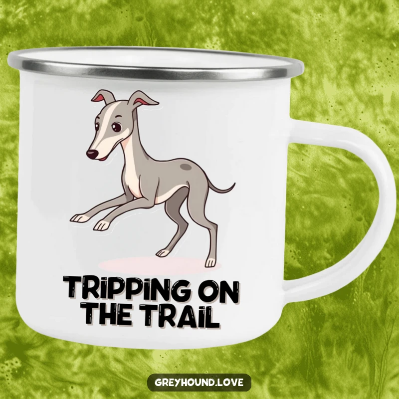 A funny, kawaii greyhound character tripping over its legs on a sturdy camping mug for outdoor use.