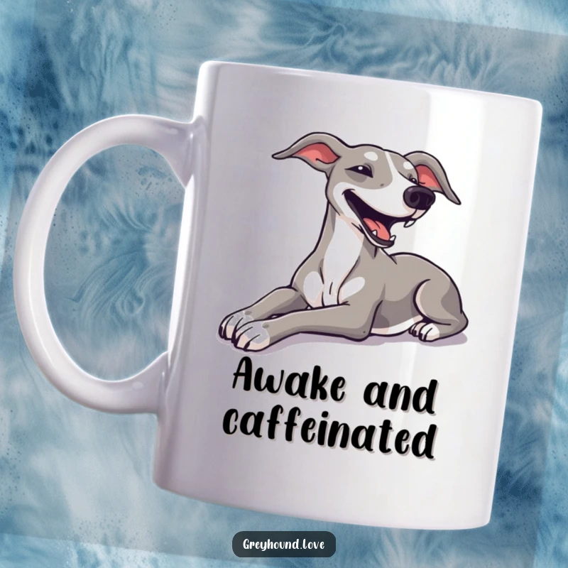 Funny greyhound stretching luxuriously with closed eyes and a happy sigh, conveying ultimate relaxation.