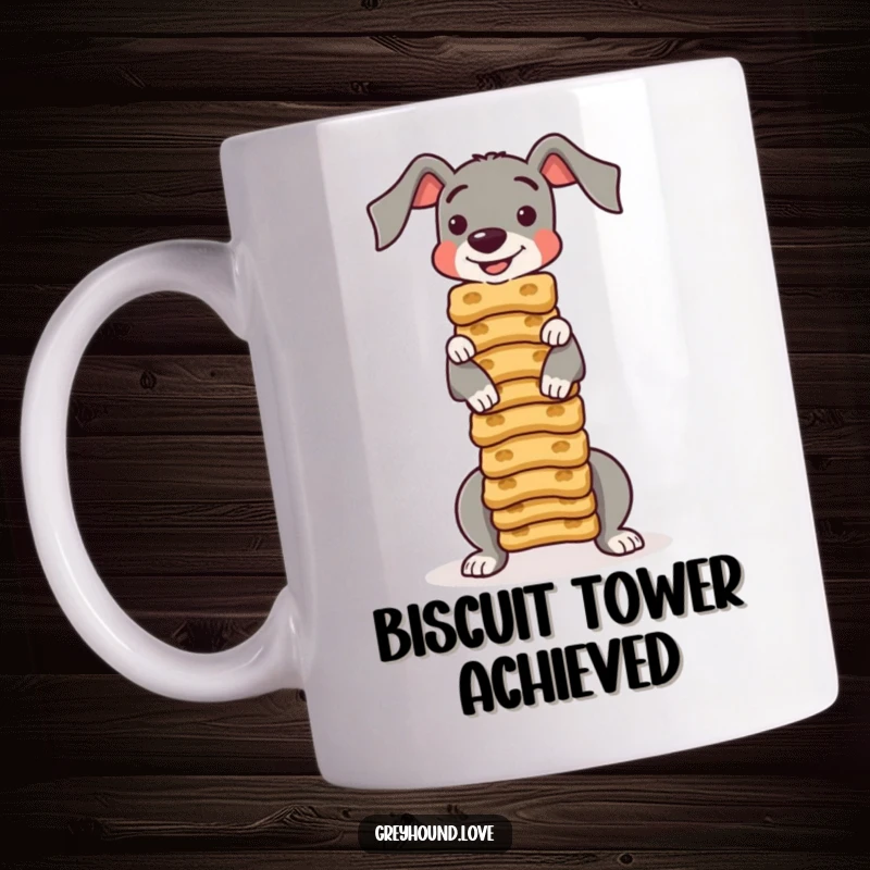 Funny MUG: A greyhound character is impressively balancing a tall stack of dog biscuits on its nose, looking focused.