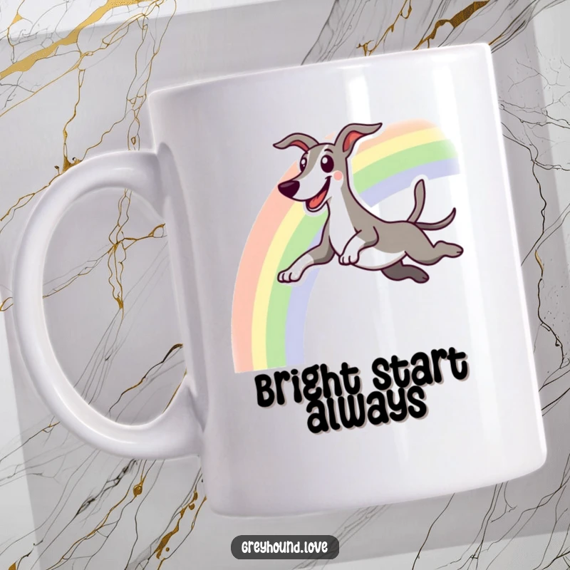 Funny mug featuring an excited greyhound character happily leaping over a vibrant rainbow with a big grin.