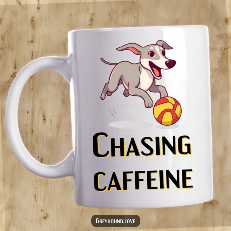 Funny Mug featuring a greyhound enthusiastically chasing a colorful, stylized ball with speed and joy.