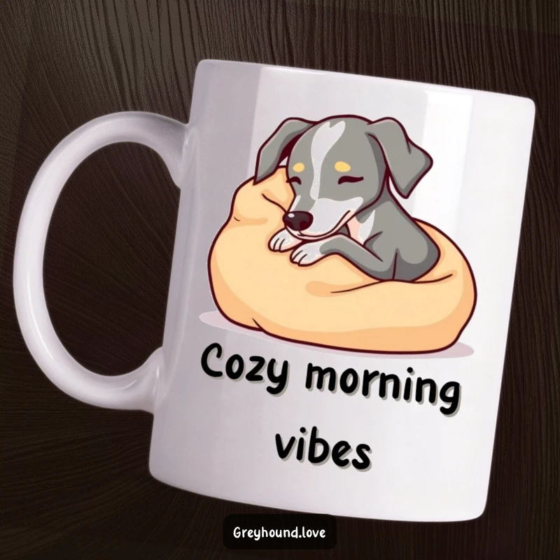Cozy greyhound mug, snuggling comfortably in a soft blanket, relaxed and peaceful dog design, perfect funny gift for comfort seekers.