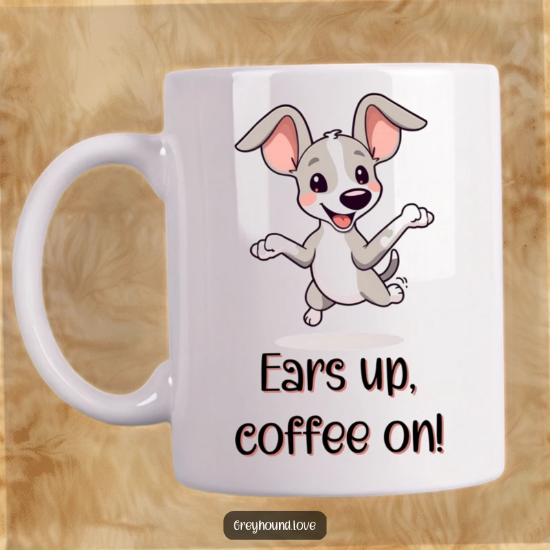 Funny Greyhound Ears Mug: A playful greyhound with huge ears leaps joyfully, spreading happiness and humor with every glance.