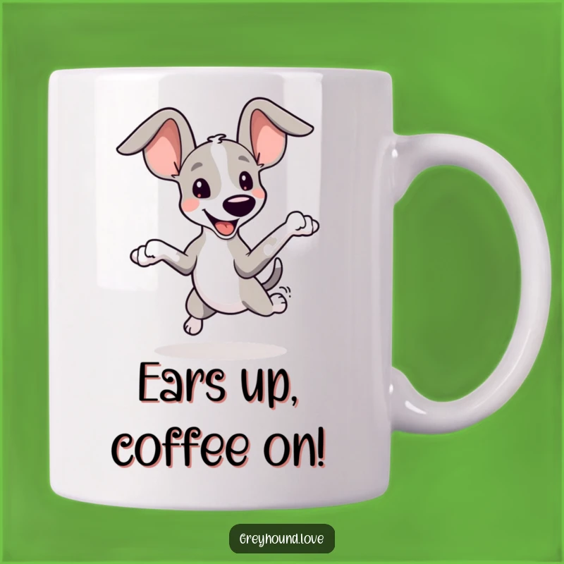 Funny Greyhound Ears Mug: Playful Dog Leaping, Oversized Ears, Perfect Gift for Joyful People