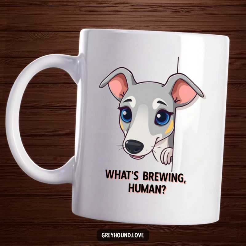 Funny Greyhound Mug showing a dog peeking curiously around a corner with wide, bright eyes, full of playful mischief.