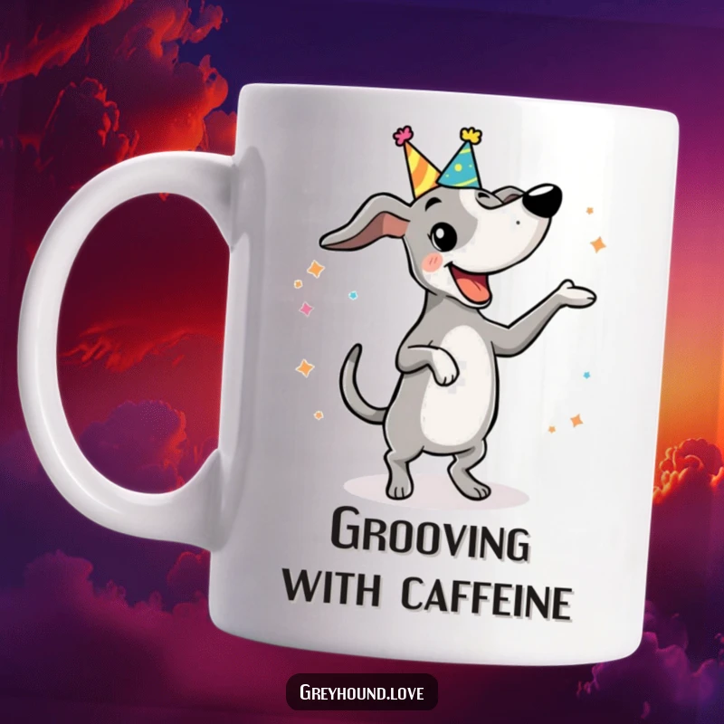 Funny Mug: A greyhound wearing a tiny party hat joyfully dances with silly, funny moves, radiating pure celebration.