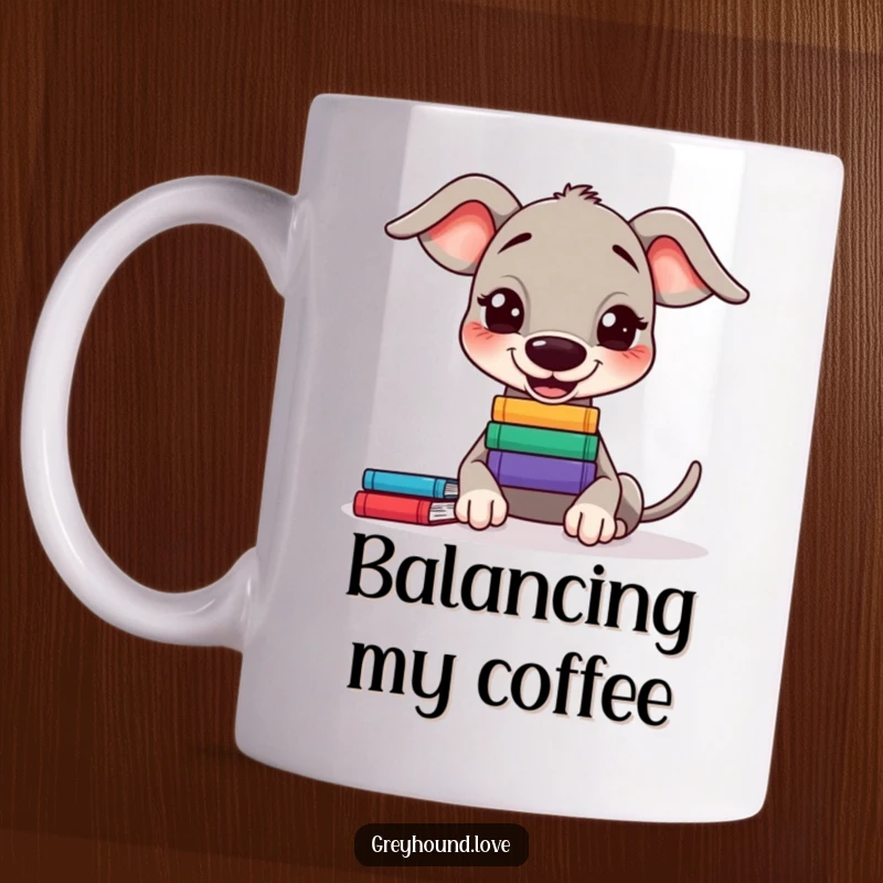 Funny Greyhound Mug: A happy greyhound attempts to balance a small stack of books on its nose.