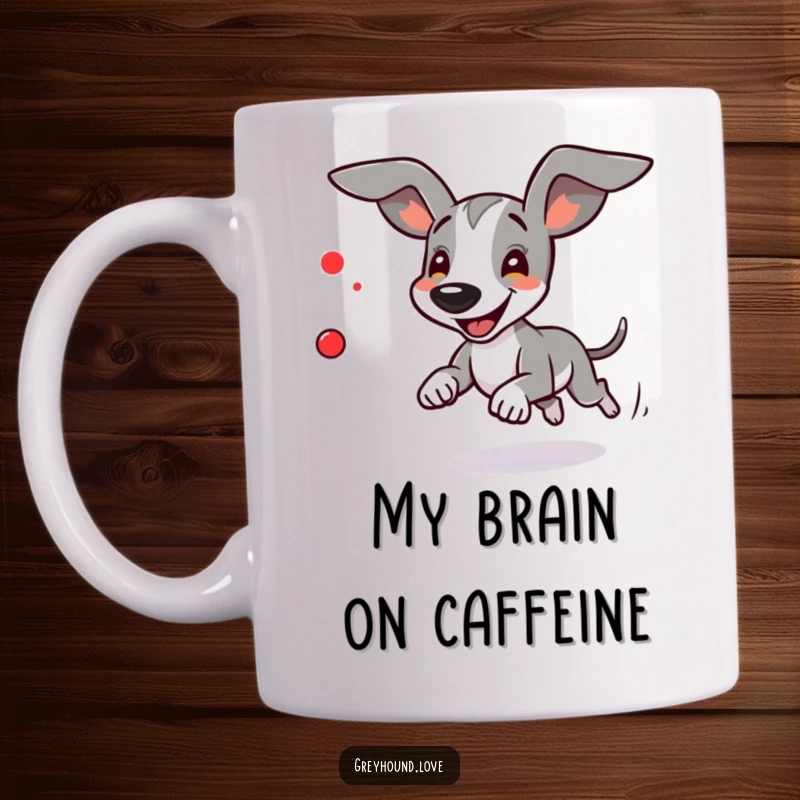 Funny Greyhound Mug: Energetic dog with ears flying, joyfully chasing a red laser dot across the room.