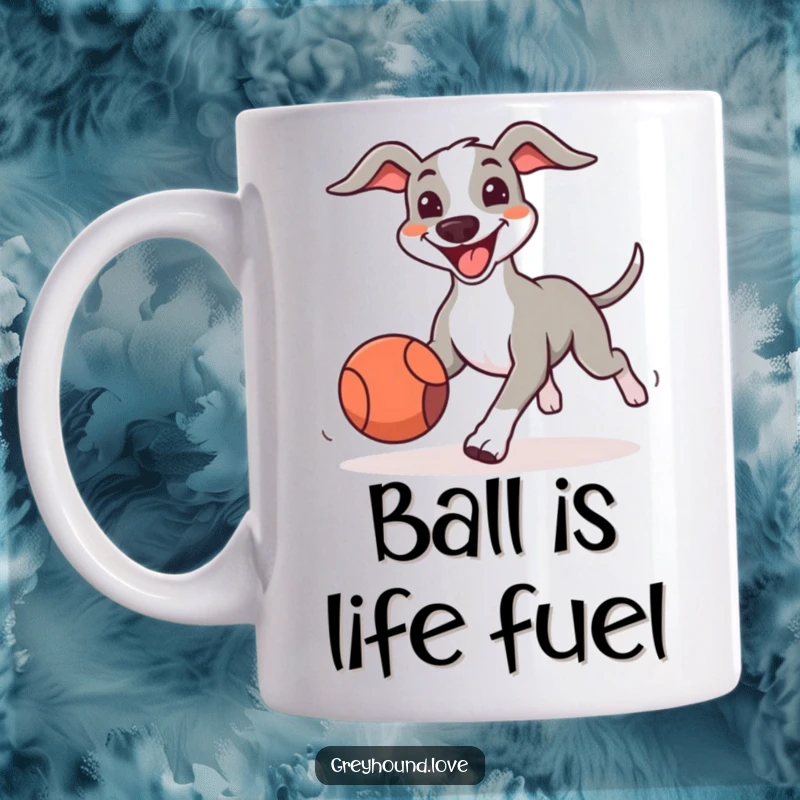 Funny Greyhound Mug featuring a smiling dog excitedly chasing a bouncing ball, embodying pure happiness and playful energy.