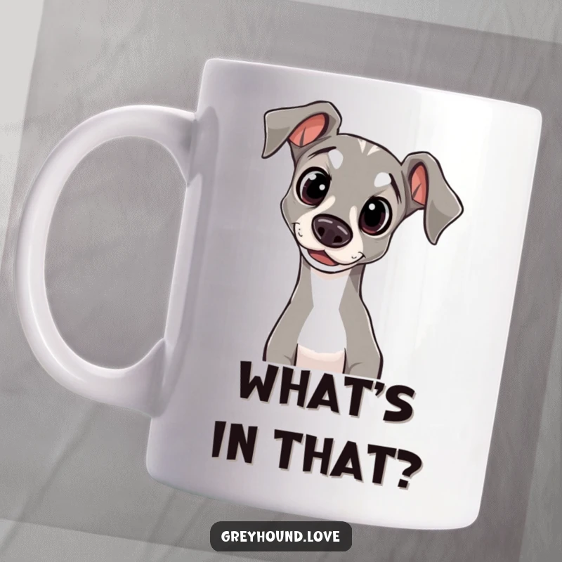 Funny Mug featuring a greyhound with large, innocent eyes, curiously tilting its head in an endearing and questioning manner.
