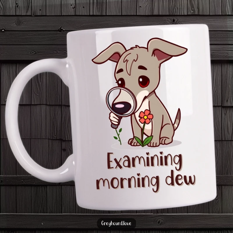 Funny Greyhound Mug: A greyhound uses a magnifying glass to curiously inspect a tiny flower.