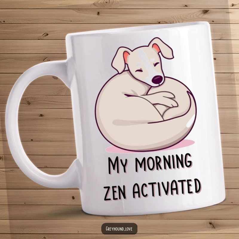 Funny Greyhound Mug featuring a playful dog curled into a happy, relaxed ball, showcasing ultimate canine comfort and joy.