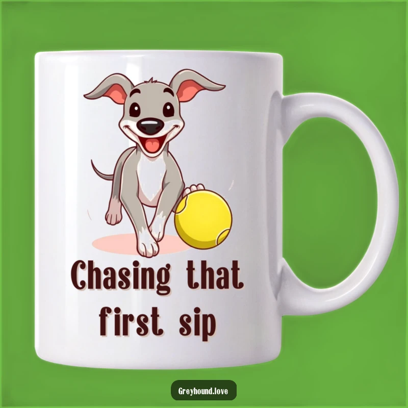 Funny Greyhound Tennis Ball Mug: Grinning Dog's Funny Gift for Playful Pups