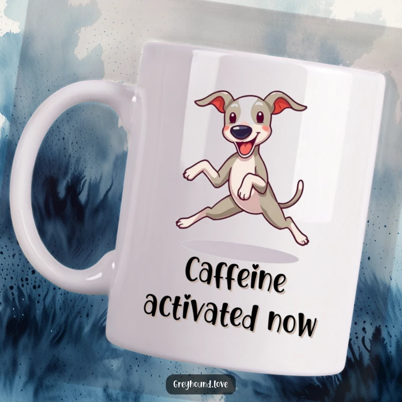 Funny Greyhound Mug: A greyhound in full zoomie, legs splayed comically, capturing the wild energy of a happy dog.