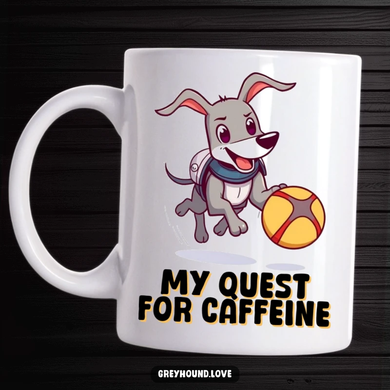 Funny Knight Greyhound Mug: A happy greyhound in silly armor joyfully chases a bouncing ball, ready for adventure and caffeine.