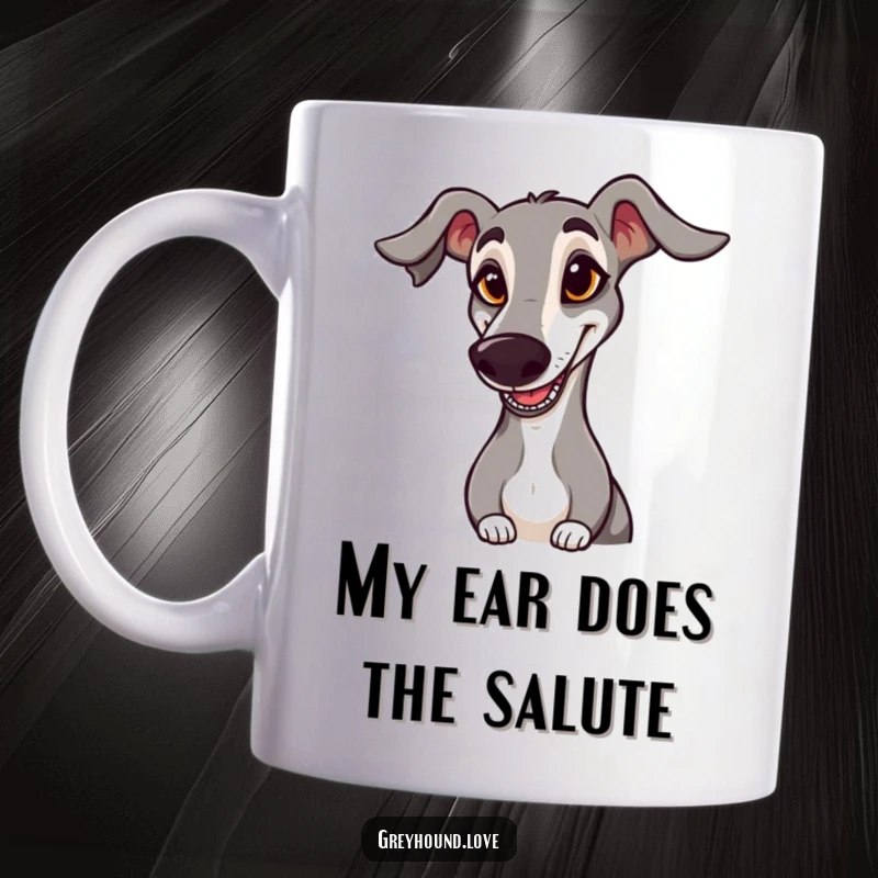 Funny MUG: A greyhound with a goofy expression and floppy ear is saluting, looking absolutely adorable and hilarious.