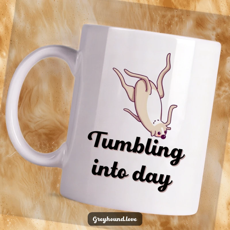 Funny Mug showing a greyhound gracefully yet comically performing a somersault with its long, flexible body.