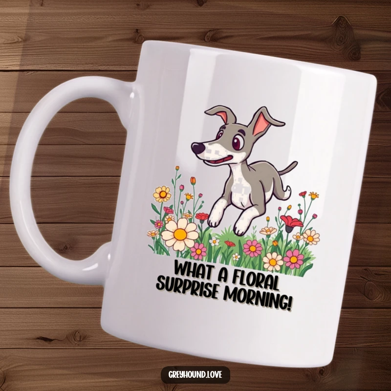 Funny mug showing a greyhound character with a surprised expression, tumbling head over paws through a vibrant field of flowers.