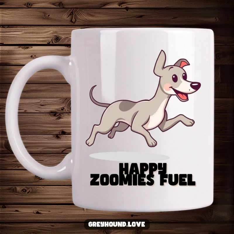 Funny mug showcasing a happy greyhound with its tail wagging furiously as it runs with boundless energy and delight.