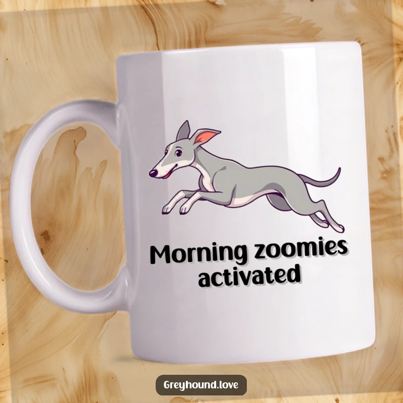 A sleek greyhound in mid-leap, its ears trailing elegantly behind, captured on a stylish coffee mug.
