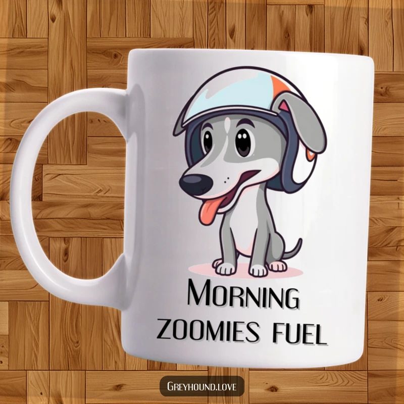 Funny mug featuring a sleek greyhound wearing a small racing helmet, tongue lolling out happily.