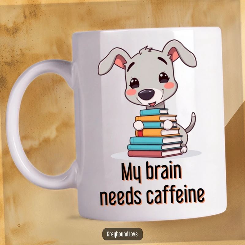Funny mug showcasing a joyful greyhound expertly balancing a small stack of books on its nose, exuding quirky charm and intelligence.
