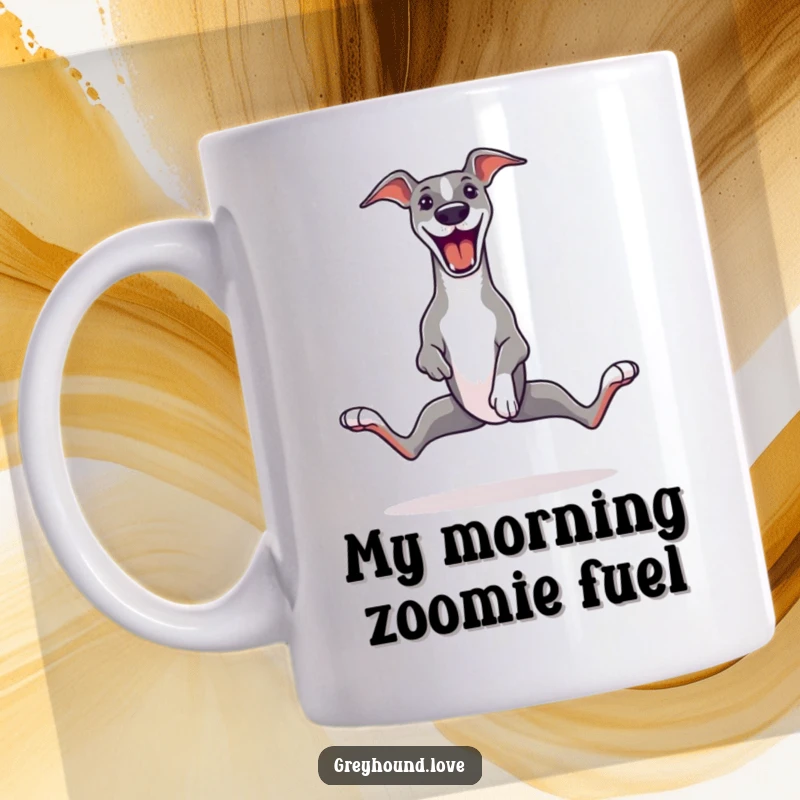 Funny Greyhound Mug featuring a greyhound in mid-zoomie, legs comically splayed in pure, uninhibited joy and excitement.