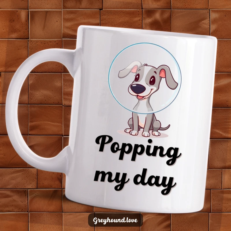 Funny Mug: A playful greyhound gently boops a large, floating bubble with its wet nose, showcasing innocent, funny curiosity.
