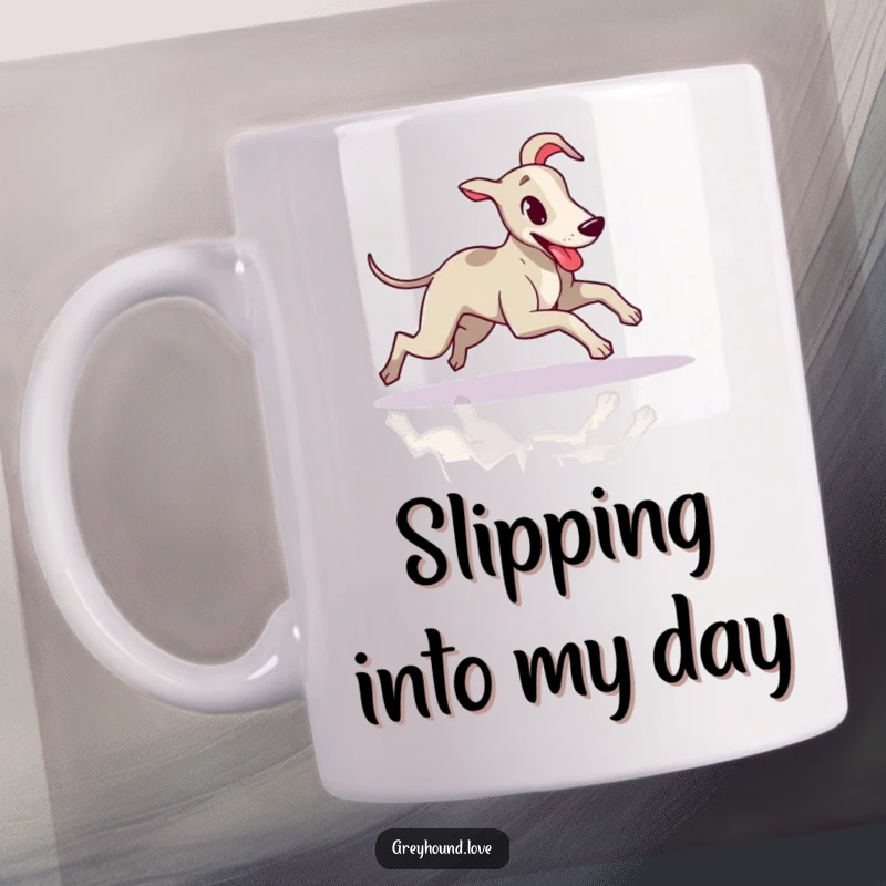 Funny Greyhound Mug: A slender greyhound slides gracefully on a polished floor, tongue out in fun.