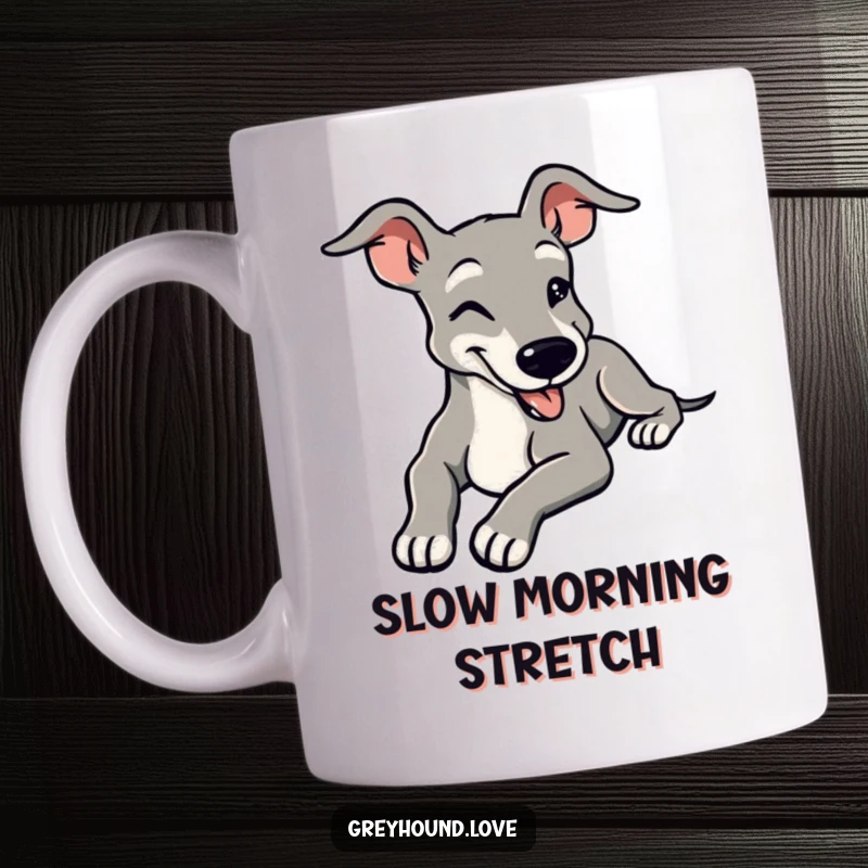 Funny mug featuring a stylized greyhound stretching languidly with a peaceful, contented smile, embodying ultimate relaxation.