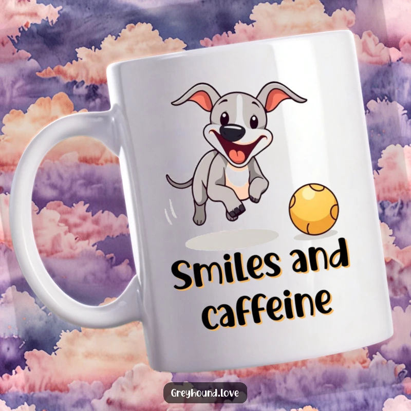Funny greyhound mug, a happy dog with a big smile excitedly chasing a red bouncing ball.