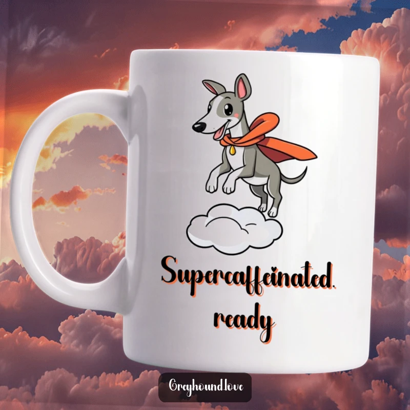 Funny mug showing a greyhound in a flowing cape mid-air, dramatically leaping from a fluffy cloud with heroic flair.