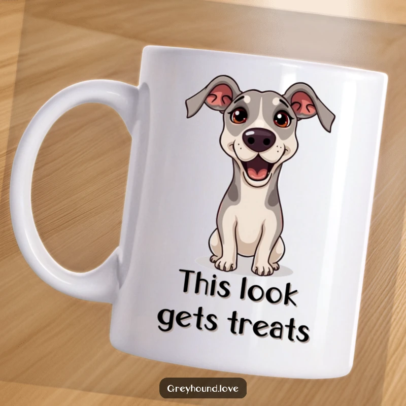 Funny Greyhound Mug showing a greyhound tilting its head playfully, with big, pleading eyes, in a comical attempt to get a treat.