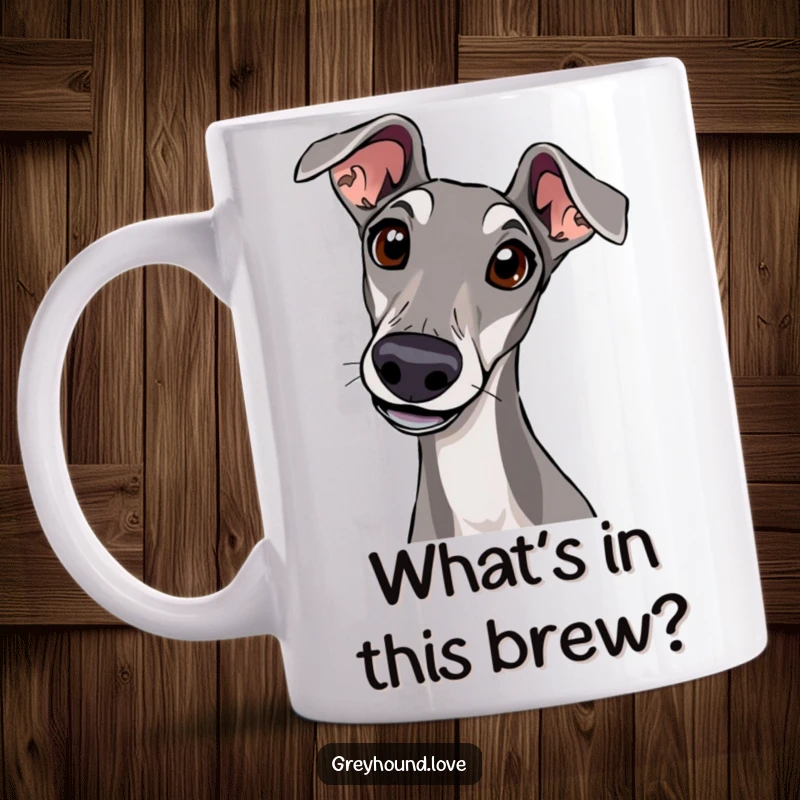 A wide-eyed, curious greyhound tilts its head, captured on a coffee mug, inviting gentle intrigue.