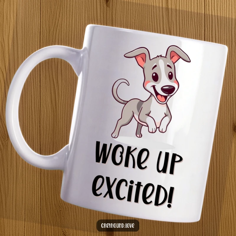 Funny greyhound character wiggling with excitement, tail wagging furiously, conveying pure joy and energy.