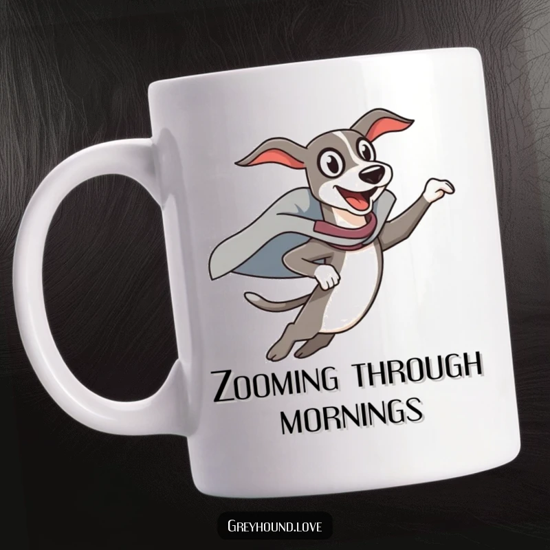 Funny Mug: An excited greyhound in a superhero cape leaps dramatically, showcasing pure, unadulterated funny joy and heroism.