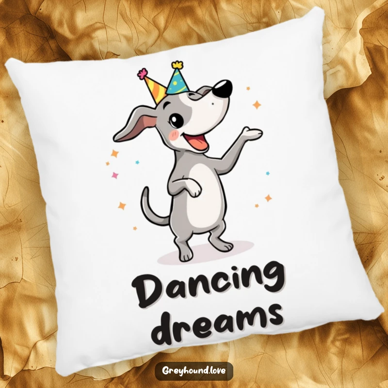 Funny Pillow: A soft pillow showing a greyhound in a party hat doing a funny, happy dance, perfect for festive comfort.